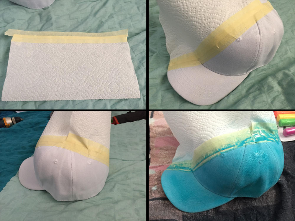 Masking and Spraying the blue-half of the hat.