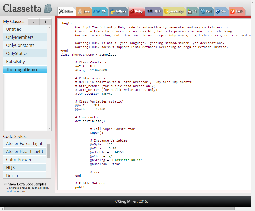 Classetta generated Ruby code based on the model class.